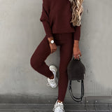 kkboxly Casual Solid Sports Two-piece Set, With Slanted Shoulder Long Sleeve Hoodies & Tied Striped Pants Set, Women's Clothing