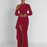 kkboxly  Solid One-shoulder Split Hem Dress, Elegant Long Sleeve Ruffle Trim Slim Dress For Party & Banquet, Women's Clothing