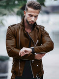 kkboxly  Stylish Slant Placket Biker Jacket, Men's Casual Solid Color Belt Zip Up Turndown Collar Faux Leather Jacket For Spring Fall