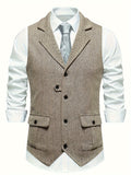 kkboxly  Men's Retro Herringbone Pattern Vest, Chic Lapel Single Breasted Dress Waistcoat For Business Banquet