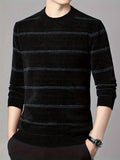 Men's Stylish Stripe Pattern Knitted Pullover, Casual Breathable Long Sleeve Crew Neck Top For City Walk Street Hanging Outdoor Activities
