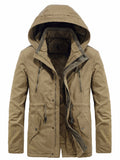 kkboxly  Men's Solid Warm Fleece Hooded Jacket, Casual Multi Pocket Cargo Jacket For Fall Winter Outdoor Activities