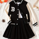 2025 kkboxly  Girls 2pcs Long Sleeve Baseball Jacket Button Coat & Pleated Short Skirt Letter B Print Corduroy Preppy Casual Kids Clothes For Spring And Autumn