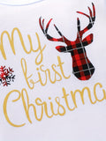 My First Christmas Baby Girl Outfits, Newborn Cartoon Deer & Letter Print Long Sleeve Ruffle Romper + Plaid Suspender Skirt + Leg Warmer 3pcs For 0-18 Months Babies, Outdoor Cloth