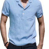 kkboxly  Solid Color Men's Casual Button Up Short Sleeve Lightweight Polo Shirt With Chest Pocket, Men's Polo For Summer