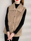Solid Flap Pockets Plush Vest, Casual Thermal Sleeveless Jacket For Fall & Winter, Women's Clothing