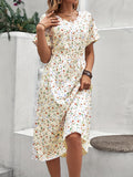 kkboxly  Ditsy Floral Print Dress, Casual Drawstring V Neck Dress, Women's Clothing