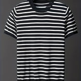 kkboxly  Men's Striped Thin Knit Short-sleeve T-shirt Plus Size Male's Clothing For Summer, Leisurewear For Big And Tall Guys