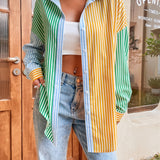 kkboxly  Striped Open Back Shirt, Sexy Color Block Button Down Long Sleeve Shirt, Women's Clothing