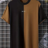 kkboxly  Men's Colorblock Print Trendy T-shirt, Crew Neck Short Sleeve Tops, Graphic Tee Men's Clothes Summer, Men's Outfits