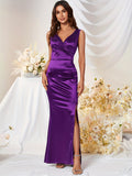 kkboxly  Solid V Neck Dress, Elegant Sleeveless Split Bodycon Dress For Party & Banquet, Women's Clothing