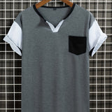 kkboxly  Classic Design Color Block Men's Basic Henley Tee With Pocket, Casual Slim Short Sleeve Henley T-Shirt With Button