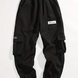 Kid's Trendy Patched Cargo Pants, Elastic Waist Trousers With Pockets, Boy's Clothes For All Seasons
