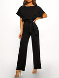 2025 kkboxly  Tie Waist Wide Leg Jumpsuit, Casual Short Sleeve Crew Neck Jumpsuit, Women's Clothing