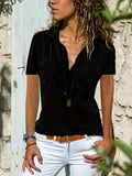 kkboxly  Solid Button Front Shirt, Casual Turn Down Collar Short Sleeve Summer Shirt, Women's Clothing