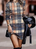 kkboxly  Plaid Print Crew Neck Dress, Casual Long Sleeve Bodycon Dress, Women's Clothing