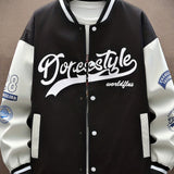kkboxly  Letter Print Color Block Varsity Jackets, Men's Casual Baseball Collar Jacket Coat For Spring Fall