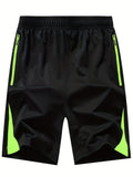 kkboxly  Zipper Pockets Comfy Shorts, Men's Casual Green Stripe Color High Stretch Elastic Waist Drawstring Shorts For Summer