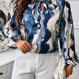 All Over Print Tie Neck Blouse, Casual Long Sleeve Blouse For Spring & Fall, Women's Clothing
