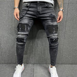 Slim Fit Ripped Cotton Jeans, Men's Casual Street Style Paint Splatter Chain Decor Distressed Mid Stretch Denim Pants For Spring Summer