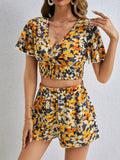 kkboxly  Floral Print Two-piece Set, Short Sleeve V Neck Shirred Crop Blouse & Casual Shorts Outfits, Women's Clothing