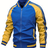 kkboxly  Men's Color Block Graphic Sports Jacket, Casual Striped Zip Up Varsity Jacket For Outdoor Fall Winter