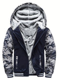 kkboxly  Zip Up Camouflage Long Sleeve Loose Outerwear Thermal Mens Fall Winter Jacket, Fuzzy Hoodie With Pockets