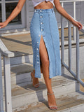 Blue Single-Breasted Button Denim Skirt, High Waist Non-Stretch Casual Denim Skirt, Women's Denim Clothing