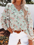 kkboxly   Floral Print Long Sleeve Blouse, V Neck Random Print Casual Top, Women's Clothing