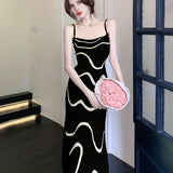 kkboxly  Wavy Striped Print Dress, Elegant Spaghetti Sleeveless Bodycon Midi Dress, Women's Clothing