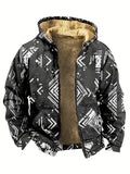 Printed Warm Fleece Coat, Men's Casual Hooded Warm Thick Jacket For Fall Winter
