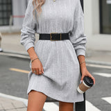Solid Knitted Above Knee Dress, Casual Crew Neck Long Sleeve Dress, Women's Clothing