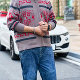 Plus Size Men's Band Collar Zipper Cardigan Color Matching Jacquard Long-sleeved Sweater