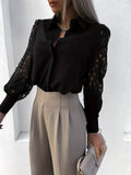 kkboxly  Plus Size Elegant Blouse, Women's Plus Solid Button Up Contrast Lace Sleeve Turn Down Collar Blouse
