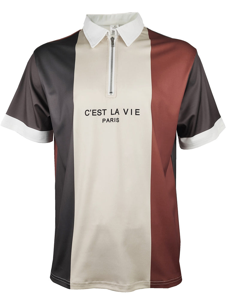 kkboxly  "C'EST LA VIE" Letter Pattern Print Men's Casual Color Block Short Sleeves Zipper Graphic Polo Shirts, Lapel Collar Tops Pullovers, Men's Clothing For Summer