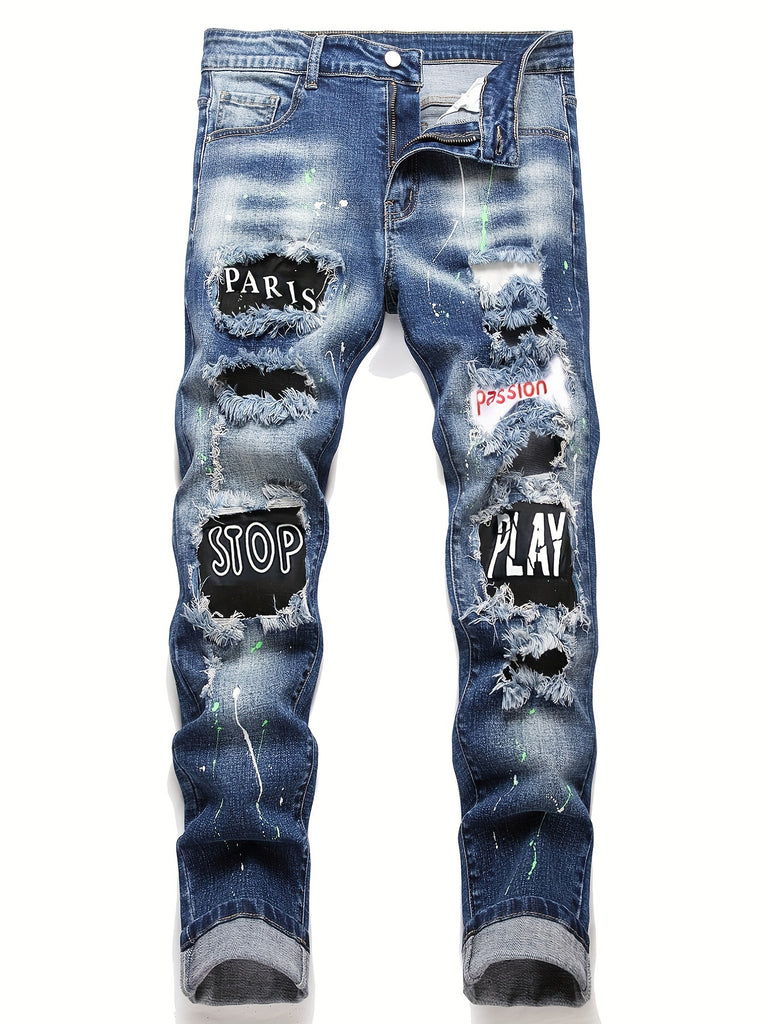kkboxly  Letter Print Patchwork Slim Fit Jeans, Men's Casual Street Style High Stretch Denim Pants For Spring Summer