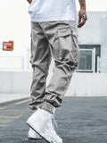 kkboxly  Plus Size Men's Drawstring Cargo Pants: Letters Print, Multi-Pocket Design, Perfect For Outdoor Activities
