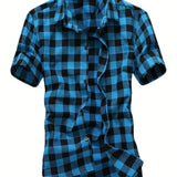 kkboxly  Classic Men's Casual Plaid Short Sleeve Shirt With, Men's Shirt For Summer, Tops For Men