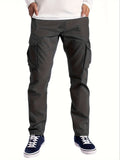 kkboxly  Men's Stylish Solid Cargo Jogger With Pockets, Causal Breathable Drawstring Men's Bottom Clothing For City Walk Street Hanging Outdoor Activities