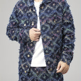 kkboxly  Men's Casual Jacquard Weave Denim Jacket, Street Style Chic Button Up Jacket