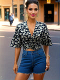 kkboxlyFloral Print Tie Front Crop Blouse, Sexy V Neck Short Sleeve Blouse For Spring & Summer, Women's Clothing