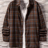 kkboxly  Men's Plaid Turndown Collar Long Sleeve Shirt, Trendy Comfy Loose Shirt For Spring Autumn