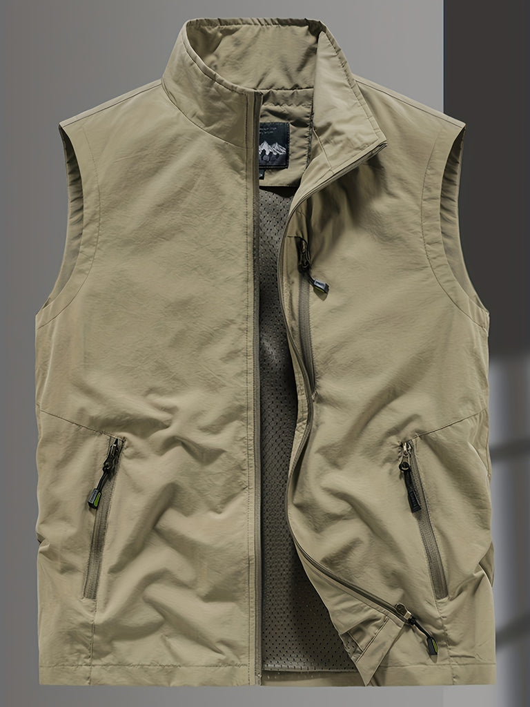 Men's Casual Plain Color Vest With Zip Up Pockets Men's Clothes Outerwear Sleeveless Jacket