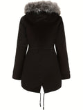 kkboxly  Fluffy Trim Warm Hooded Coat, Casual Drawstring Long Sleeve Winter Outerwear, Women's Clothing