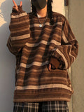 kkboxly  Striped Drop Shoulder Sweatshirt, Casual Crew Neck Long Sleeve Pullover, Women's Clothing