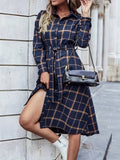 kkboxly  Plaid Print Button Front Shirt Dress, Casual Long Sleeve Belted Dress For Spring & Fall, Women's Clothing