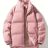 kkboxly Men's Stylish Solid Puffer Coat With Pockets, Casual Breathable Stand Collar Zip Up Long Sleeve Warm Top For City Walk Street Hanging Winter Outdoor Activities