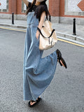 kkboxly  Blue Raw Hem Denim Overall Dress, Non-Stretch Loose Fit Split Denim Overall Dress, Women's Denim Clothing