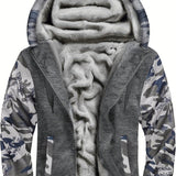 kkboxly  Color Block Camo Men's Hooded Jacket Fleece Lined Casual Long Sleeve Sherpa Lined Hoodies With Zipper Hooded Coat For Autumn Winter