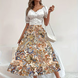 kkboxly  Boho Floral Print Tiered Skirts, Vacation High Waist Summer Layered Skirts, Women's Clothing